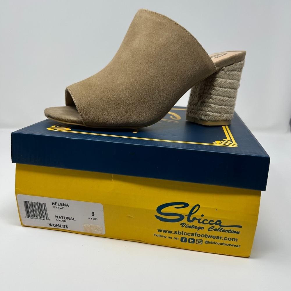Sbicca Vintage Collection Helena Women 9 Sandal Natural Suede Block Heel Slip On